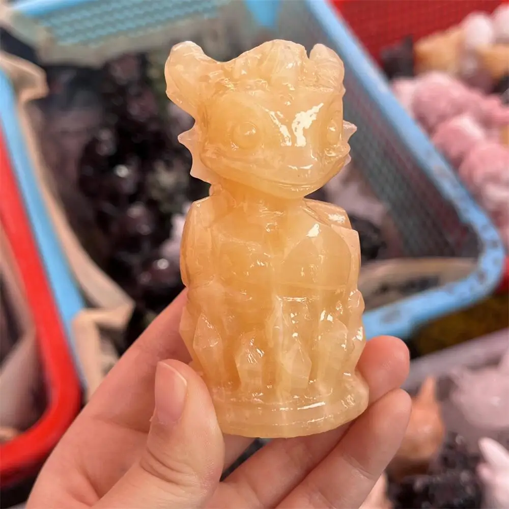1PCS Natural Yellow Quartz Crystal Cartoon Dragon Statue Carving Healing Fengshui Stone for Holiday Craft Christmas Gift