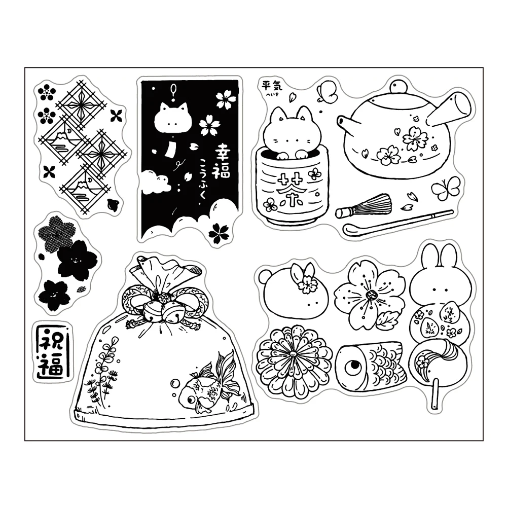 Sakura and Fruit Story Rubber Clear Stamps Cat Transparent Stamps For Card Making Craft Supplies and Diy Scrapbooking Journaling
