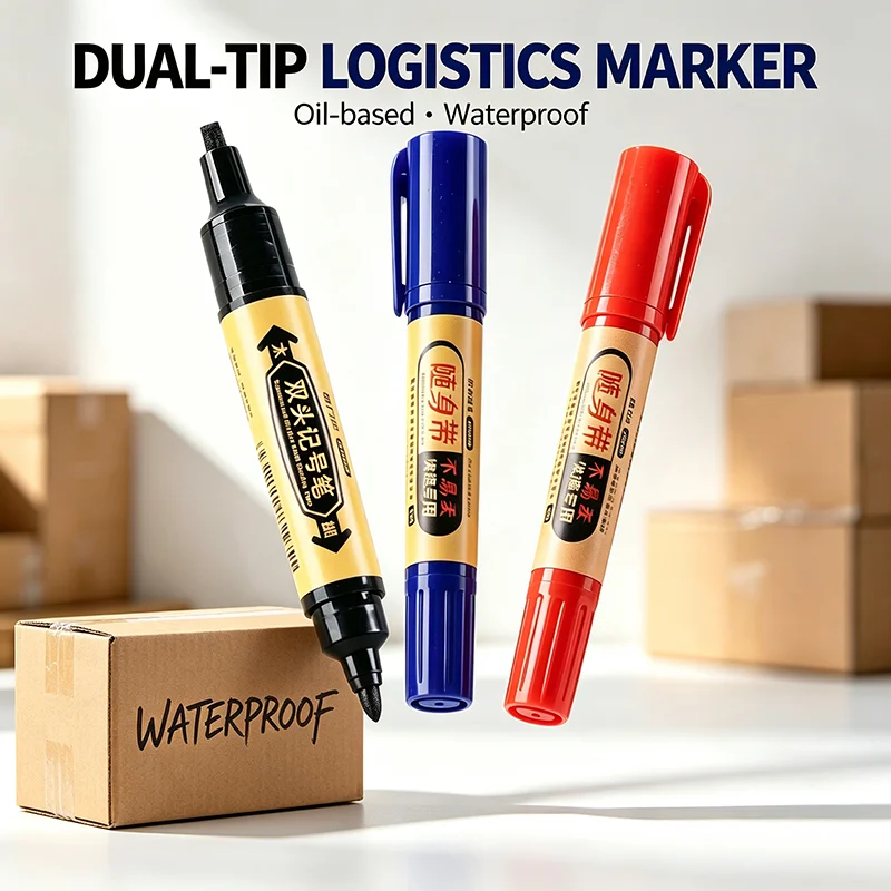 3PCSTwin Tip Oil-Based Permanent Marker – Black/Red/Blue, Fine & Broad Nib, Waterproof Quick-Dry for Office School Industrial Ma