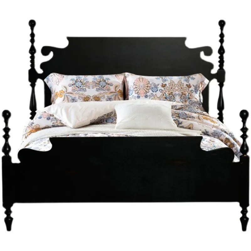 

French retro solid wood bed master bedroom double American country soft bag medieval leather 1.8 meters pillar