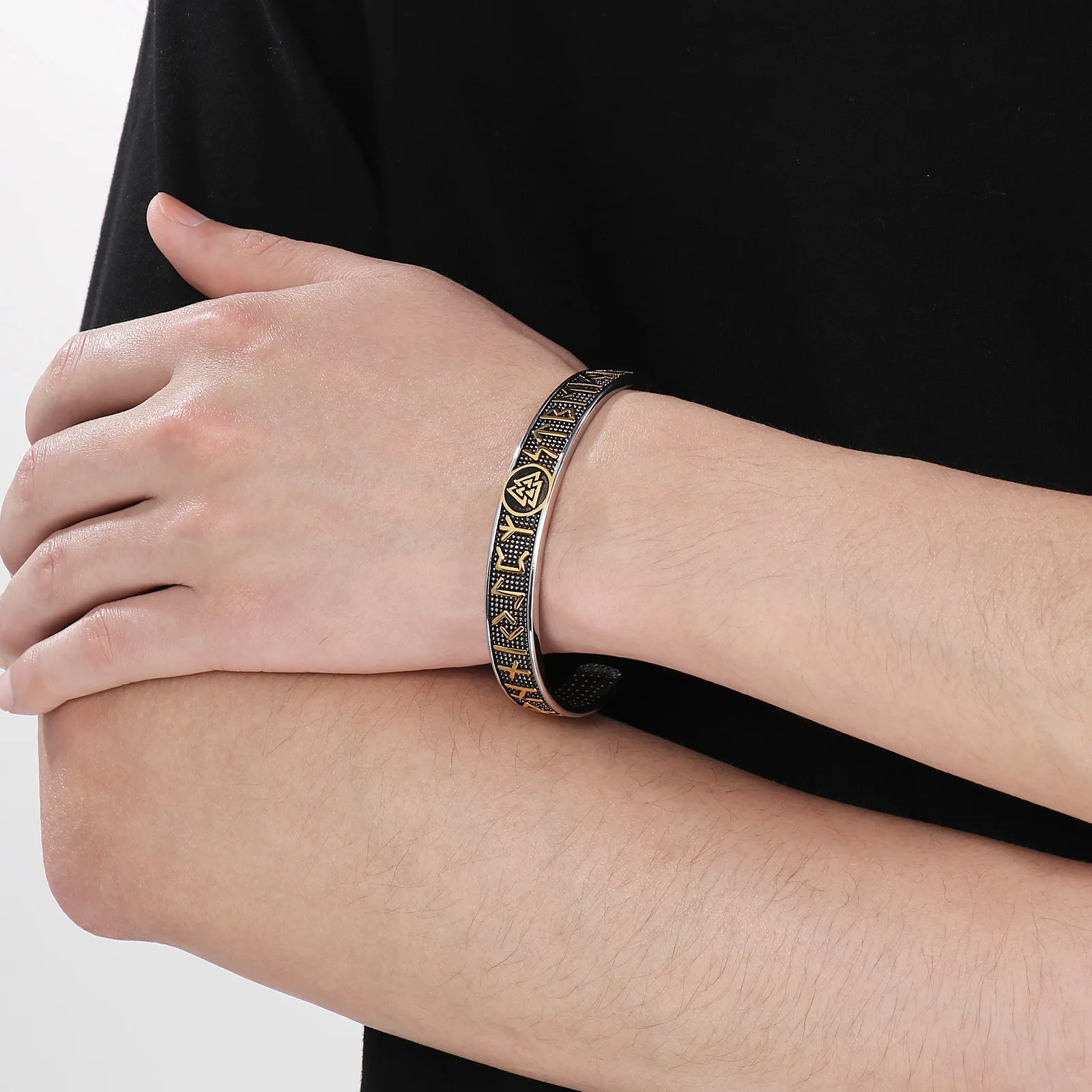 Fongten Trendy Men's Stainless Steel Charm Bangle Ancient Egyptian Script Mystery Bracelet Fashion Jewelry Banquet Gifts