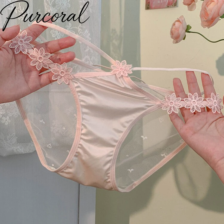 Purcoral Floral Lace Women Panties Double Thin Strap Hollow Out Sheer Mesh Splicing Briefs Decor Soft Satin Sexy Ladies Lingerie