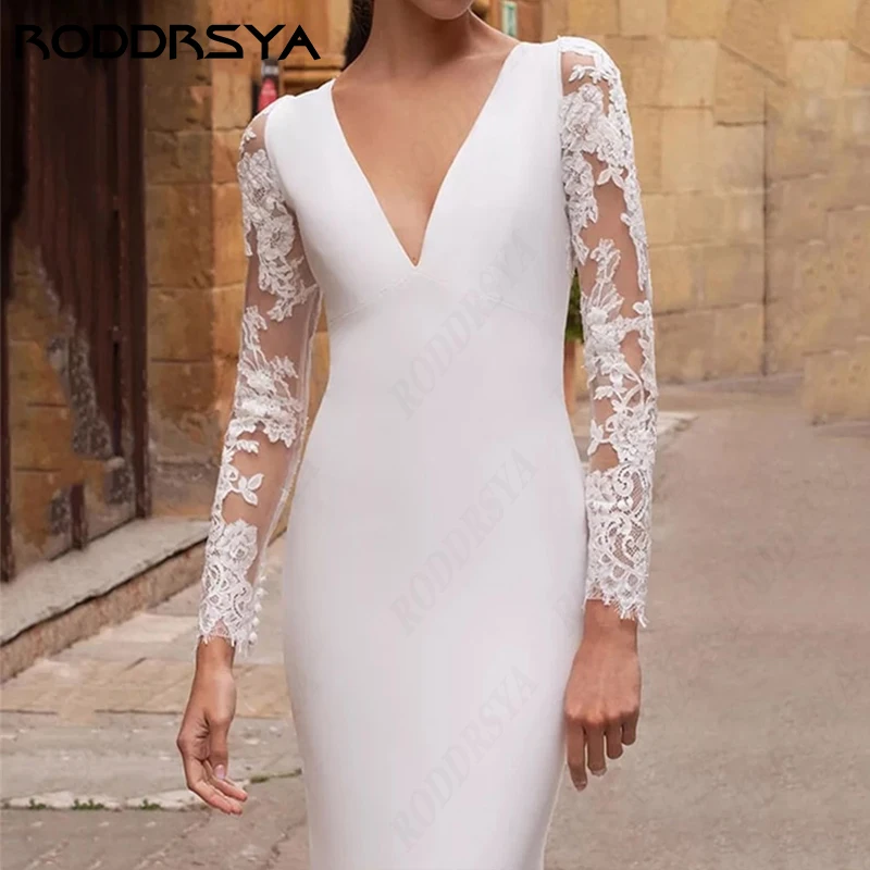 RODDRSYA Sexy scollo a v pizzo sirena abiti da sposa per le donne morbido raso sposa festa affascinante manica lunga Vestido Novia Boda Sexy scollo a v pizzo sirena abiti da sposa per le donne morbido raso sposa festa