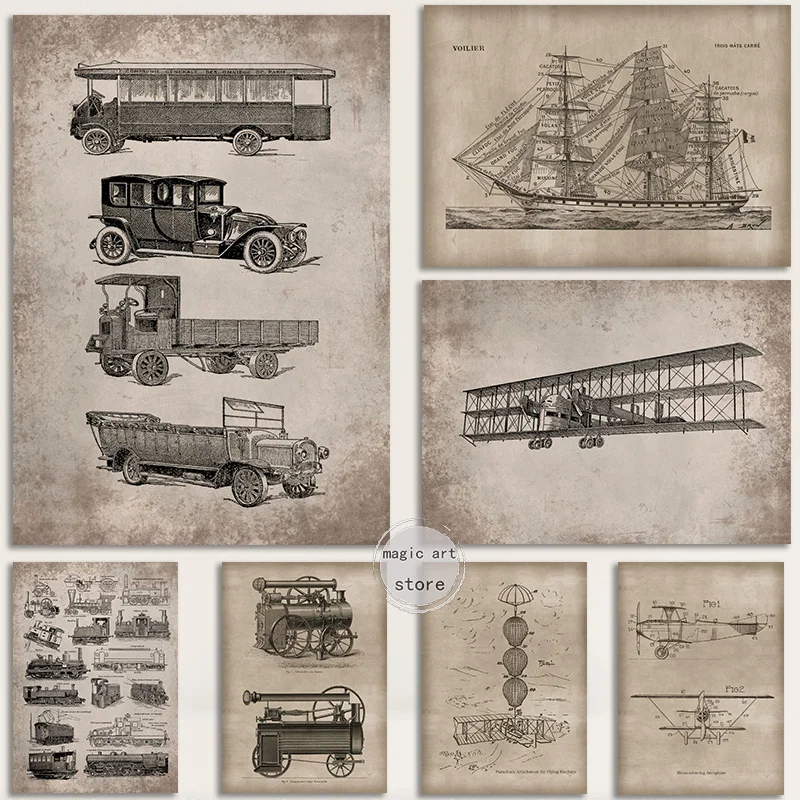 Vintage Transportation Patent Airplane Vehicle Locomotive Train Art Poster Canvas Painting Wall Prints Picture Room Home Decor