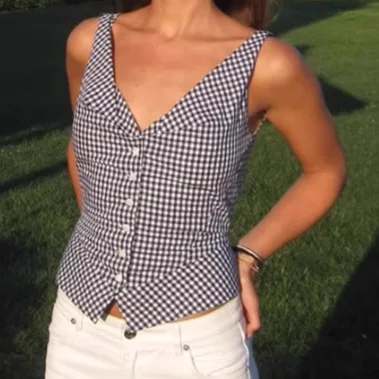 Trendy Plaid Sleeveless Vest For Women 2026 Model American Style V-Neck Slim Fit Buttoned Short Elegant Top Pure Desire Y1US