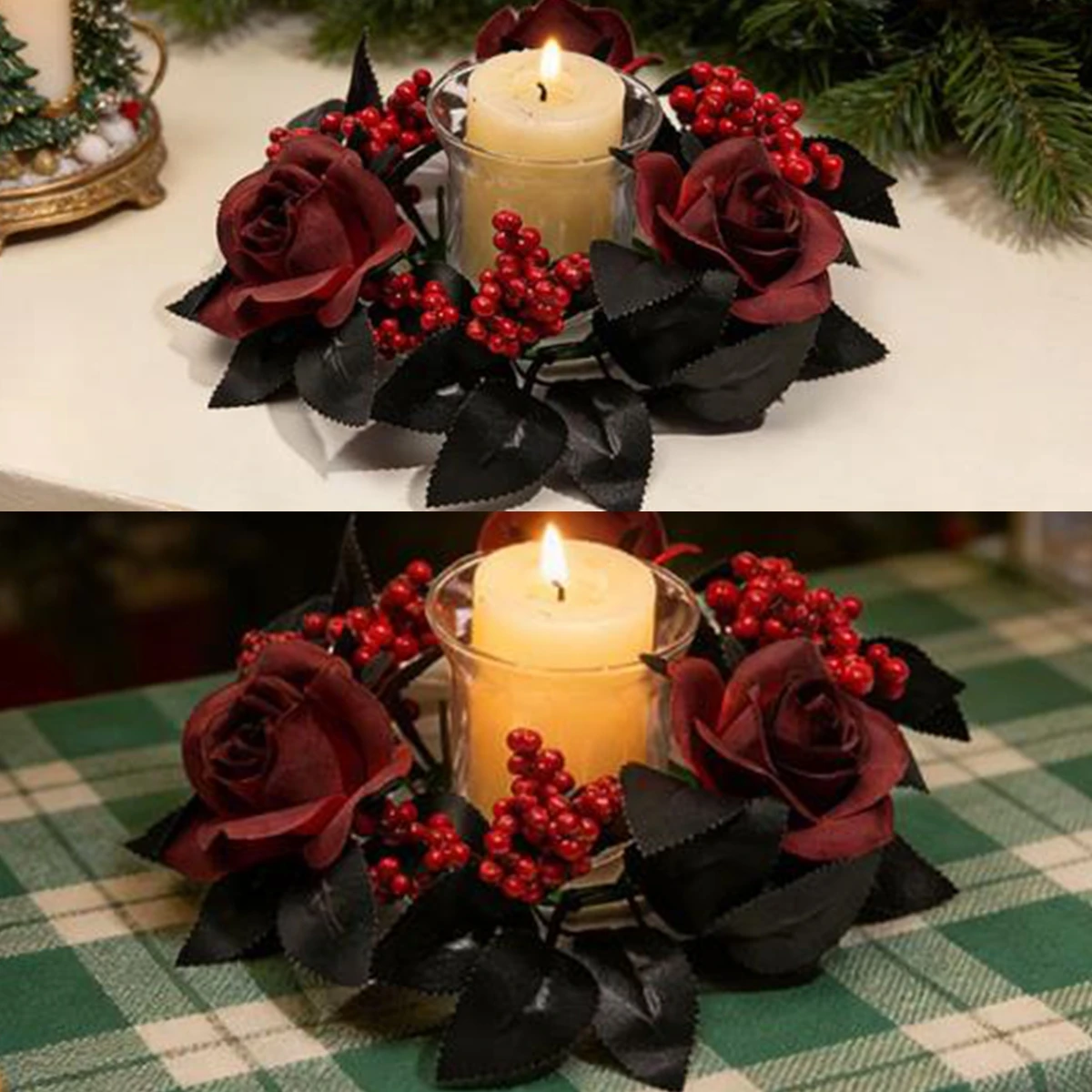1Pcs Christmas Halloween Burgundy Rose Candle Wreath Artificial Tabletop Aroma Bottle Hanging Ornament Table Centerpiece
