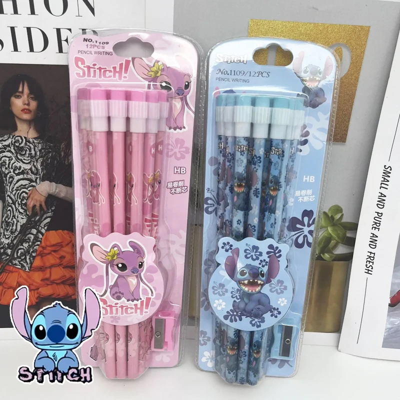 

12pcs Disney Kawaii Stitch Wooden Pencil with Sharpener Creative Cartoon Student Special Pencil Anime Angel Stationary Set