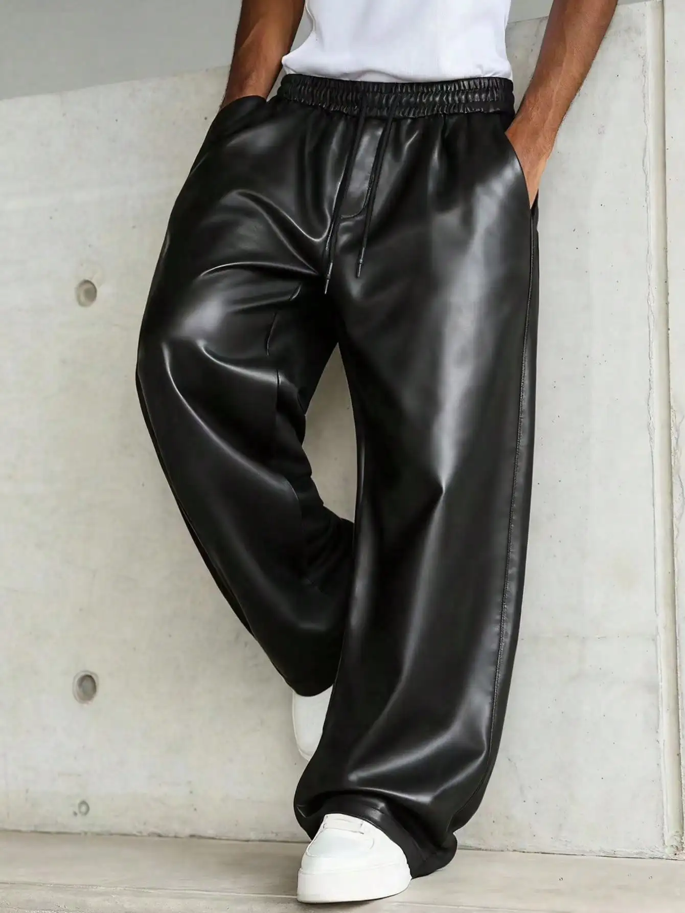 

Men's Black PU Leather Loose Fit Jogger Pants, Wide Leg Casual Trousers