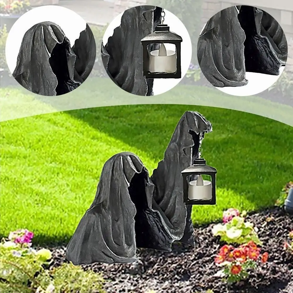 Ghost Sculpture Decorations With Lantern Ghost Sculpture Statue Horror Black Ghost Lantern Hell Statue Resin Thrilling Garden