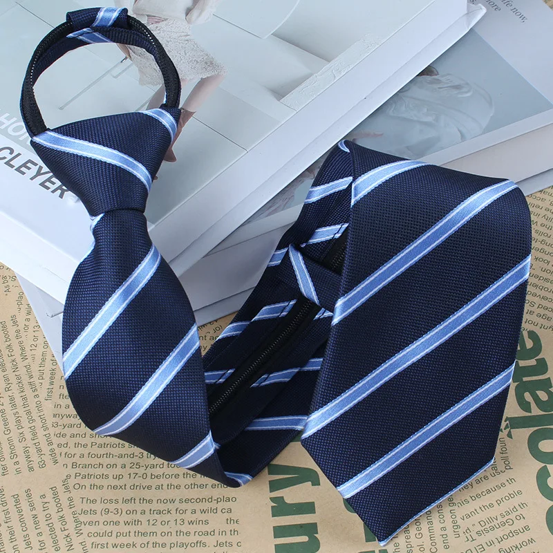 

Zipper style knot free men's tie formal business administrative professional blue stripe black red tie 7cm