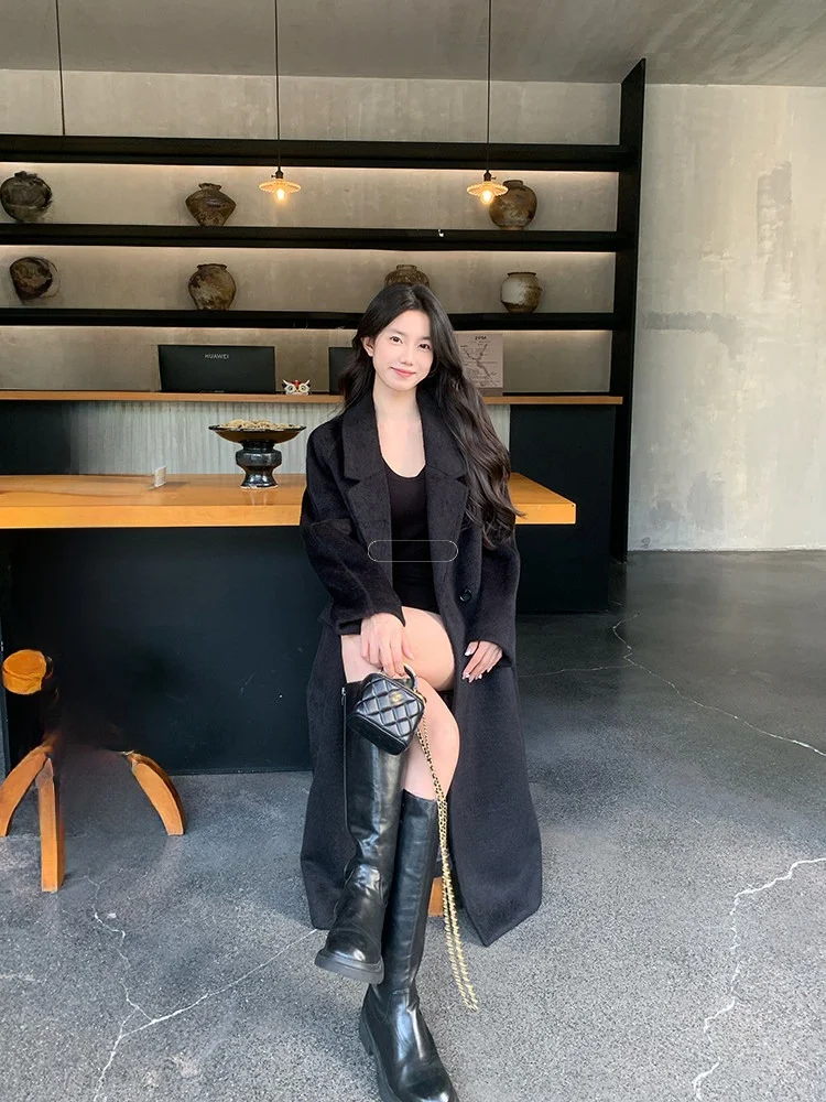 

YOKLASS Woolen Coat 2024 Winter New Korean Sle Lazy Thiened Medium Length Jaet for Small Figures Long Sve Double Bre...