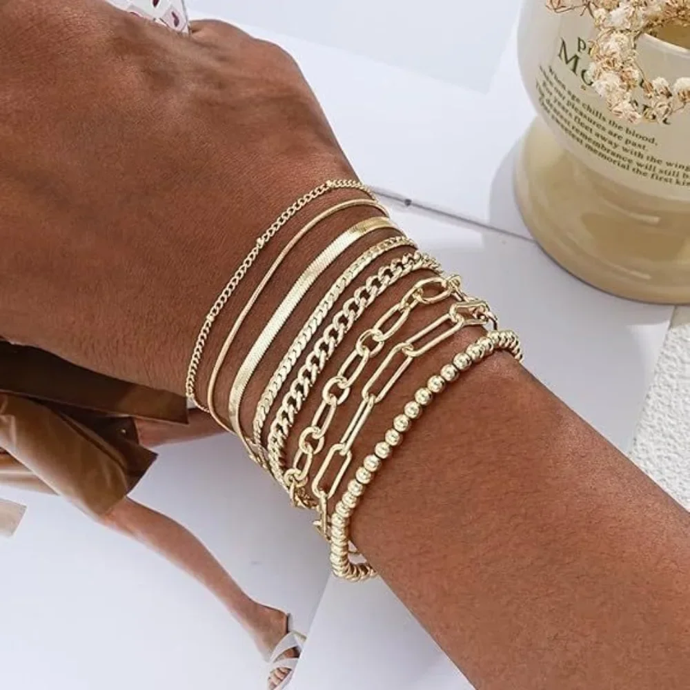 8-Piece Set Copper Bracelets Simple Fashion All Season Layered Chain and Beaded Bracelets for Daily Sports Occasions Jewelry