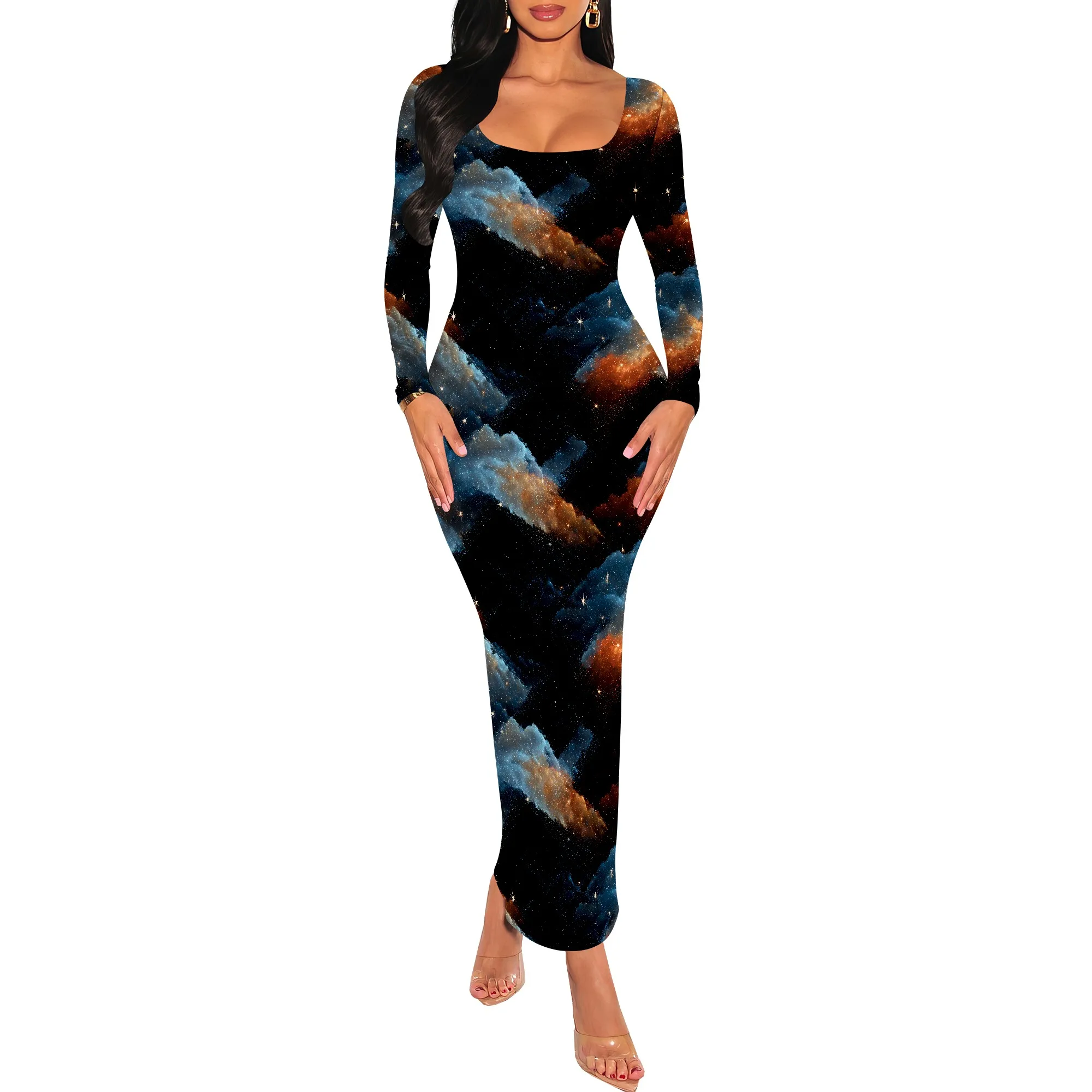 

Women's Long Sleeve Square Neck Bodycon Maxi Long Dress