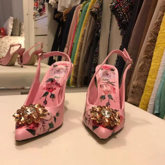 Sweet Pink Rose Flower Printing Leather Crystal Flower High Heels Pumps Back Straps Buckle Ladies Pointed Toe Wedding Shoes