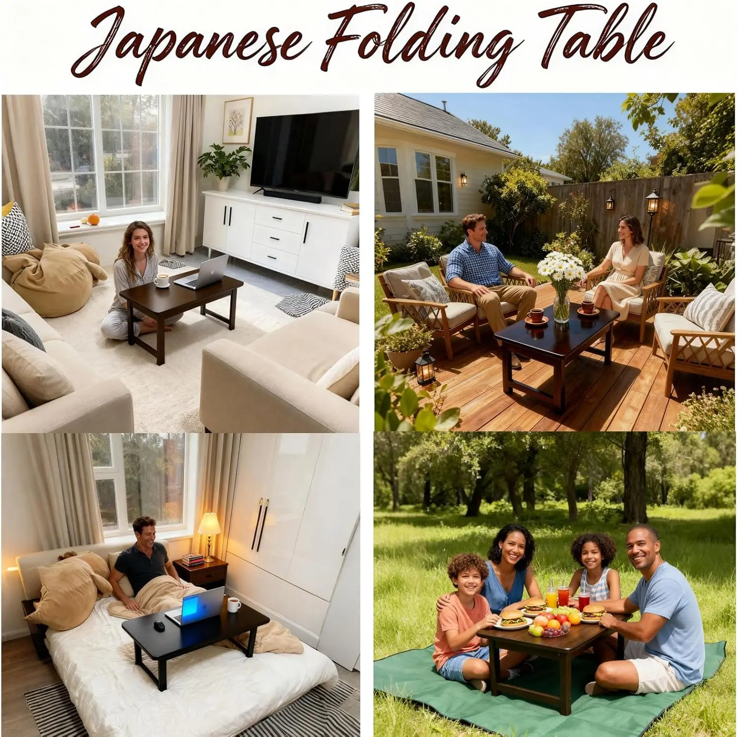 طاولة قهوة يابانية قابلة للطي مقاس 39.4 × 19.7 × 13.8 بوصة - طاولة محمولة من الخيزران والخشب الصلب، #5