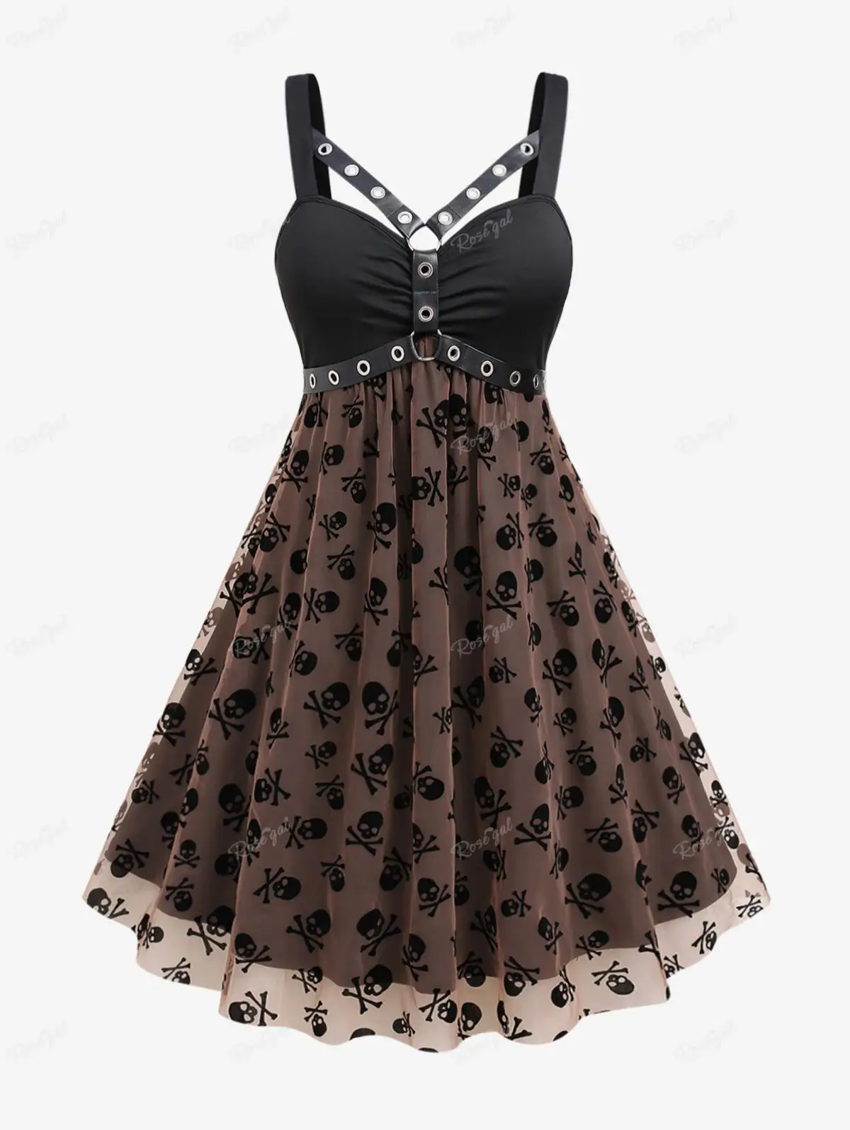 ROSEGAL Plus Size Prom abiti Casual nuove donne Gothic Skull Print Mesh Grommets PU Leather Stripes abito increspato Vestidos