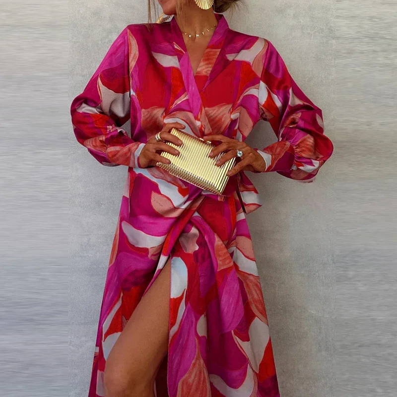 Chic Fashion Pattern Printed Lace Up Commuting Dress Ladies Elegant V Neck Long Sleeved Split Dress Casual Party Irregular Maxi