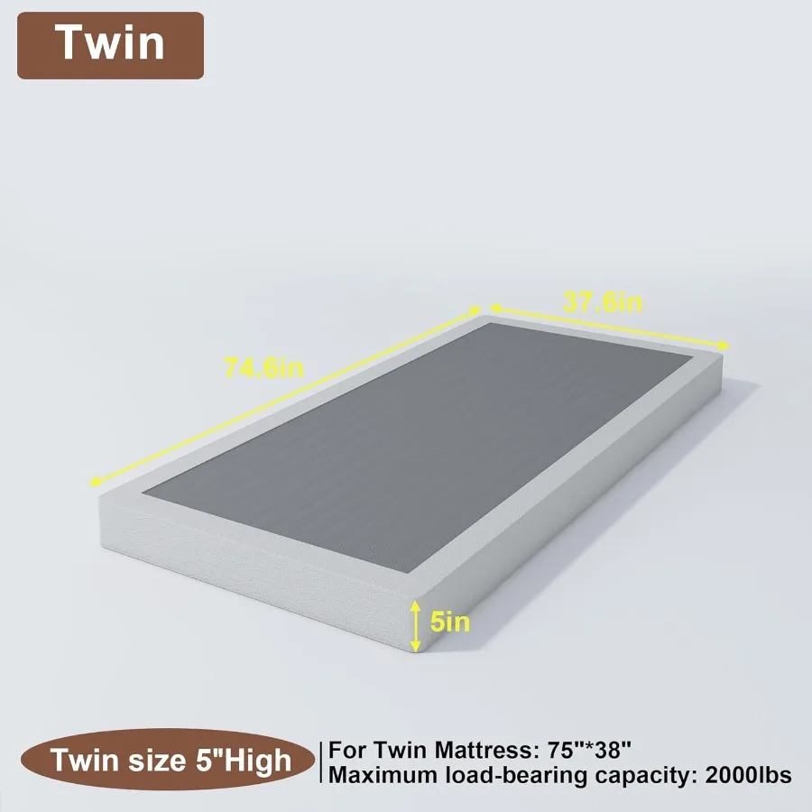 Twin Box Spring with Fabric Cover Set, 5 Inch Twin Size Box Spring with 2500lbs Max Weight Capacity