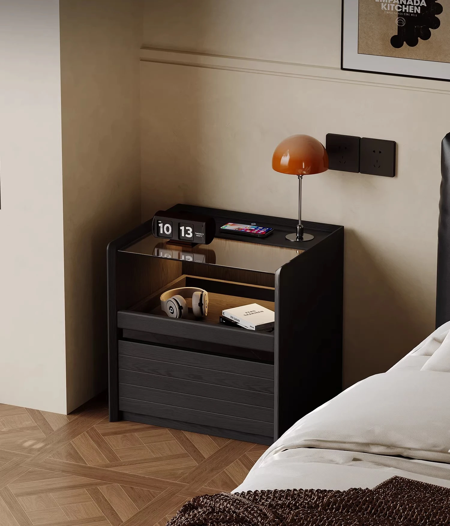 

multi-functional bedside table Solid wood with lamp with wireless charging glass Light luxury high-end bedroom Home storage