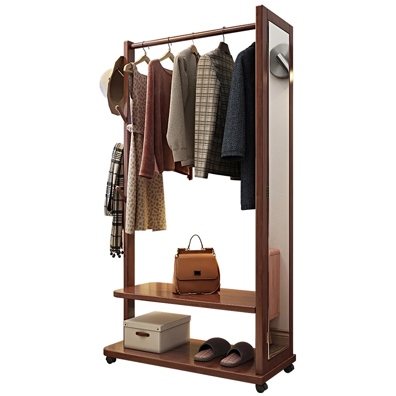 

Solid wood full-length mirror coat rack integrated floor-to-ceiling bedroom home multi-functional storage hanger full-body mirro