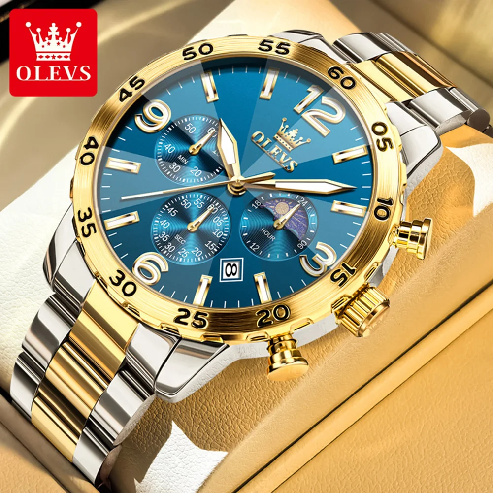 OLEVS 3678 Original Men's Watches Fashion Rhombus Mirror Moon Phase Chronograph Waterproof Solid Steel Strap Luxury Man Watch