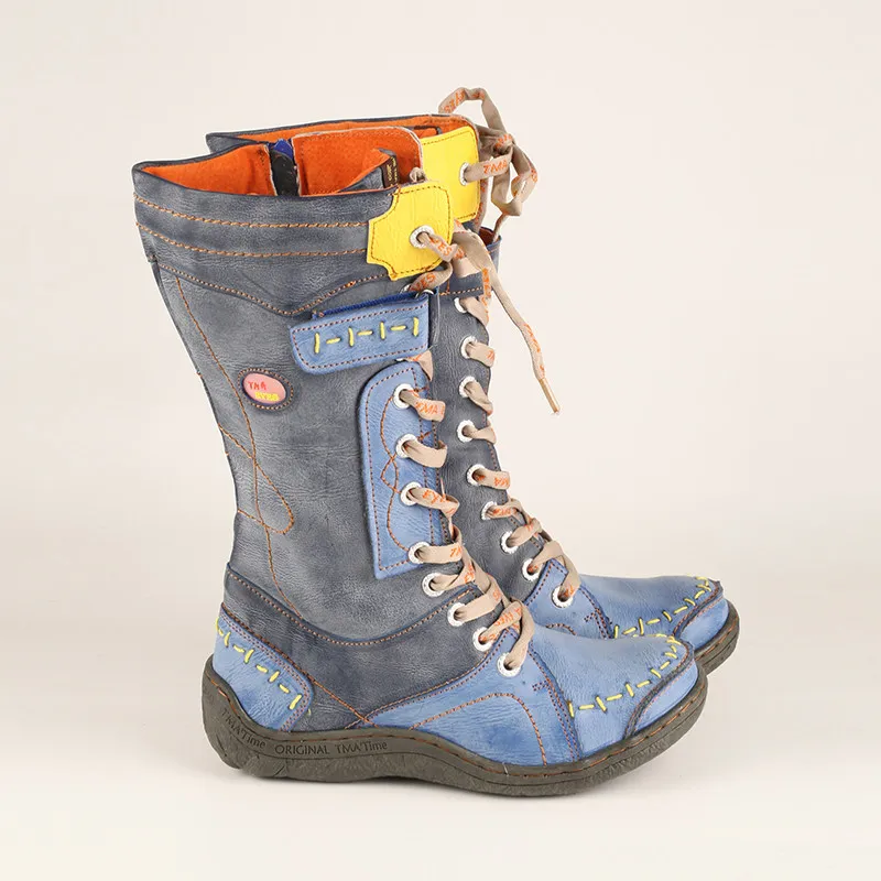 New Y2K Vintage Subculture Plush‑Lined Mid‑Calf PU Leather Boots, American‑Style Retro Versatile Fashion Daily Street Footwear