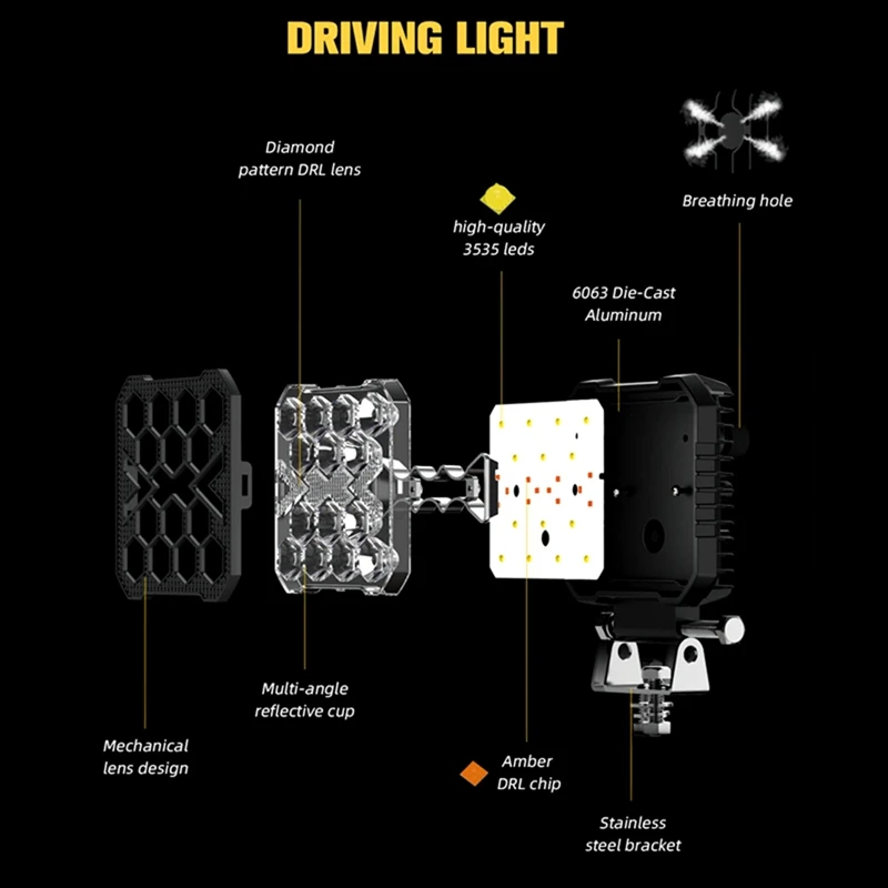 4 Inch Led Work Lights For Truck, 30W White Amber Work Light Auxiliary Offroad Driving Light For Tractor SUV ATV Boat