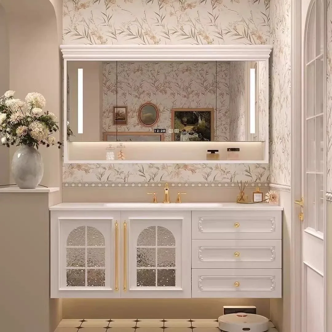 French Oak Bathroom Cabinet Ceramic Integrated Basin Washbasin Toilet Washbasin Countertop Integrated