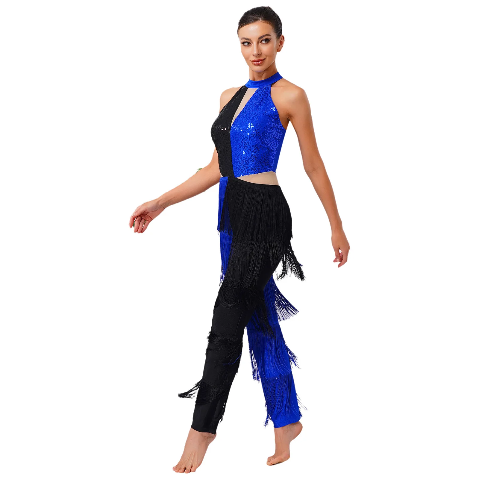 

Elegant Female Latin Cha-cha Dance Sequin Jumpsuits Tassel Fringe Patchwork Costumes Vintage Hippie Latin Stage Performance Wear