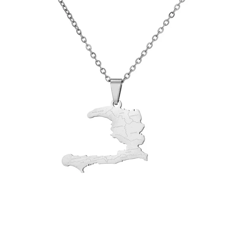 Haiti Map Pendant Necklace Stainless Steel with Departments Name Letter Haitian Ethnic Jewish Chain Collar Clavicle Choker