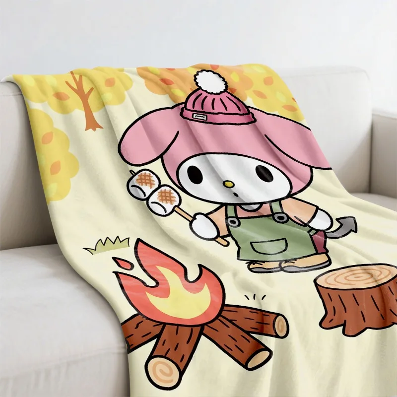 Sanrio Blanket Cozy Flannel Blanket Wall Hanging Featuring My Melody in Autumn Forest, Pink Hat Green Overalls, Toasting view 2