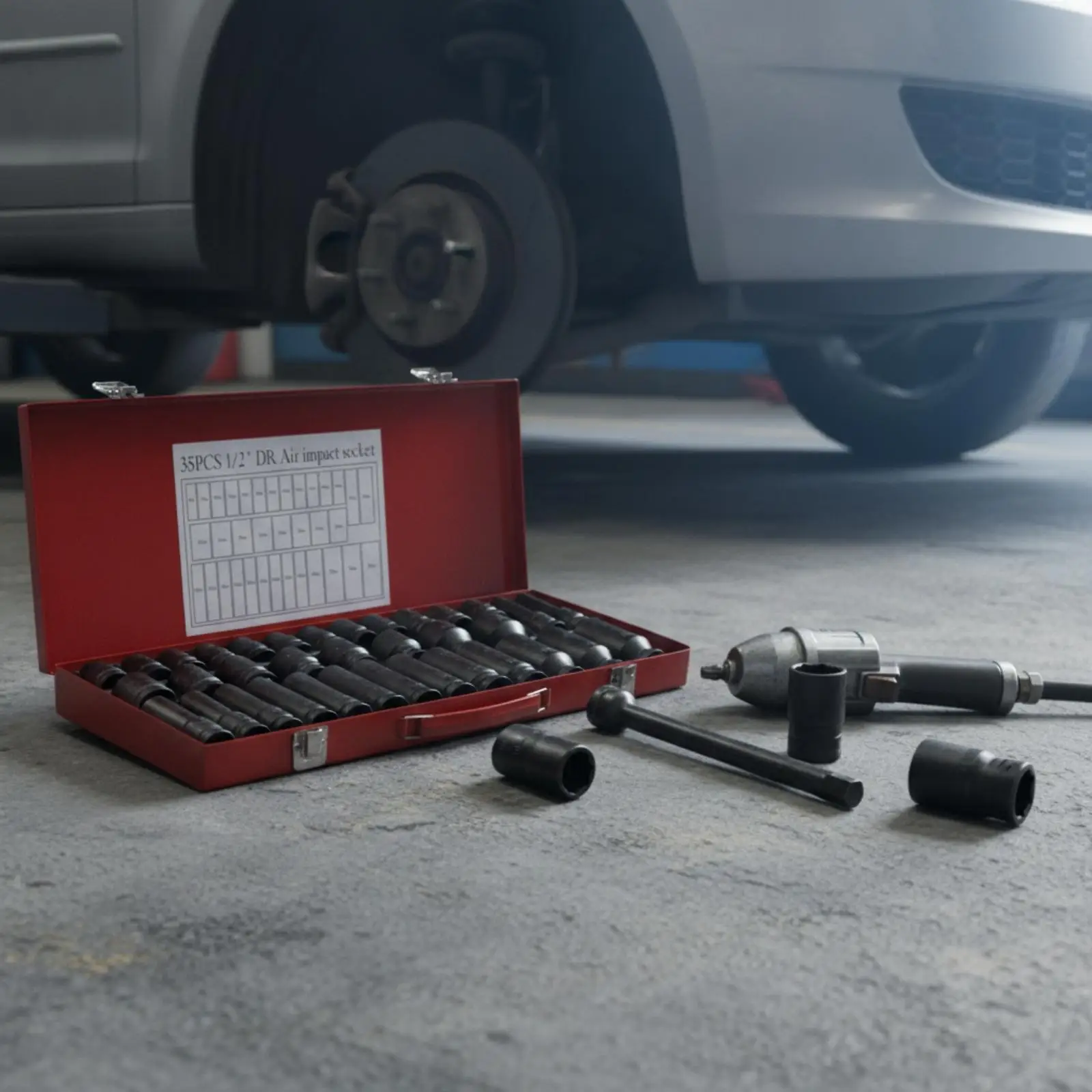Impact Socket Set Automotive Pneumatic 35 Piece 1 2 Drive Hex Deep and Shallow Sockets with Organizer for Shop
