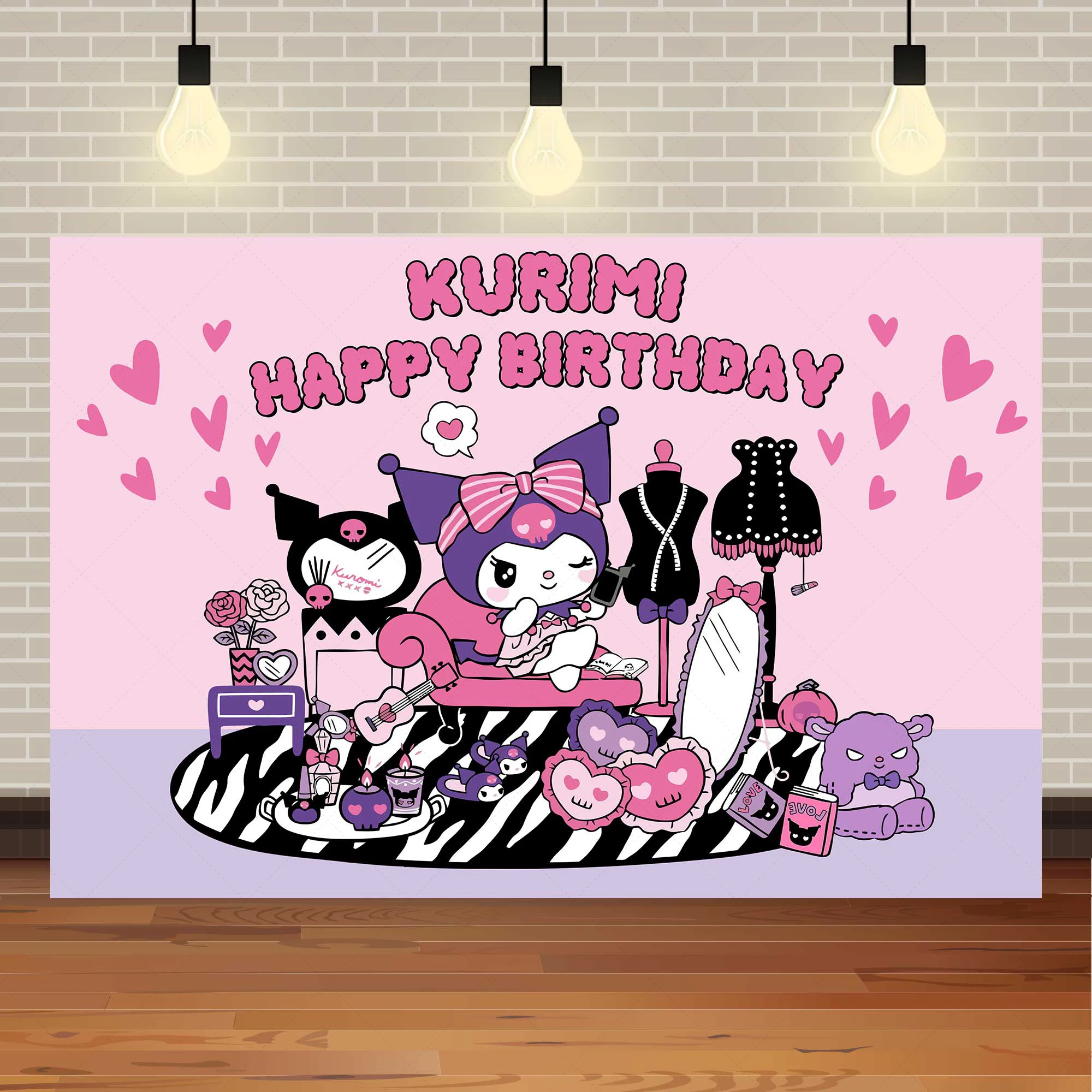 Cartoon Kurome And Melody Birthday Background Cloth Poster Customized Sanrio Society Animation Party Hanging Cloth Decoration