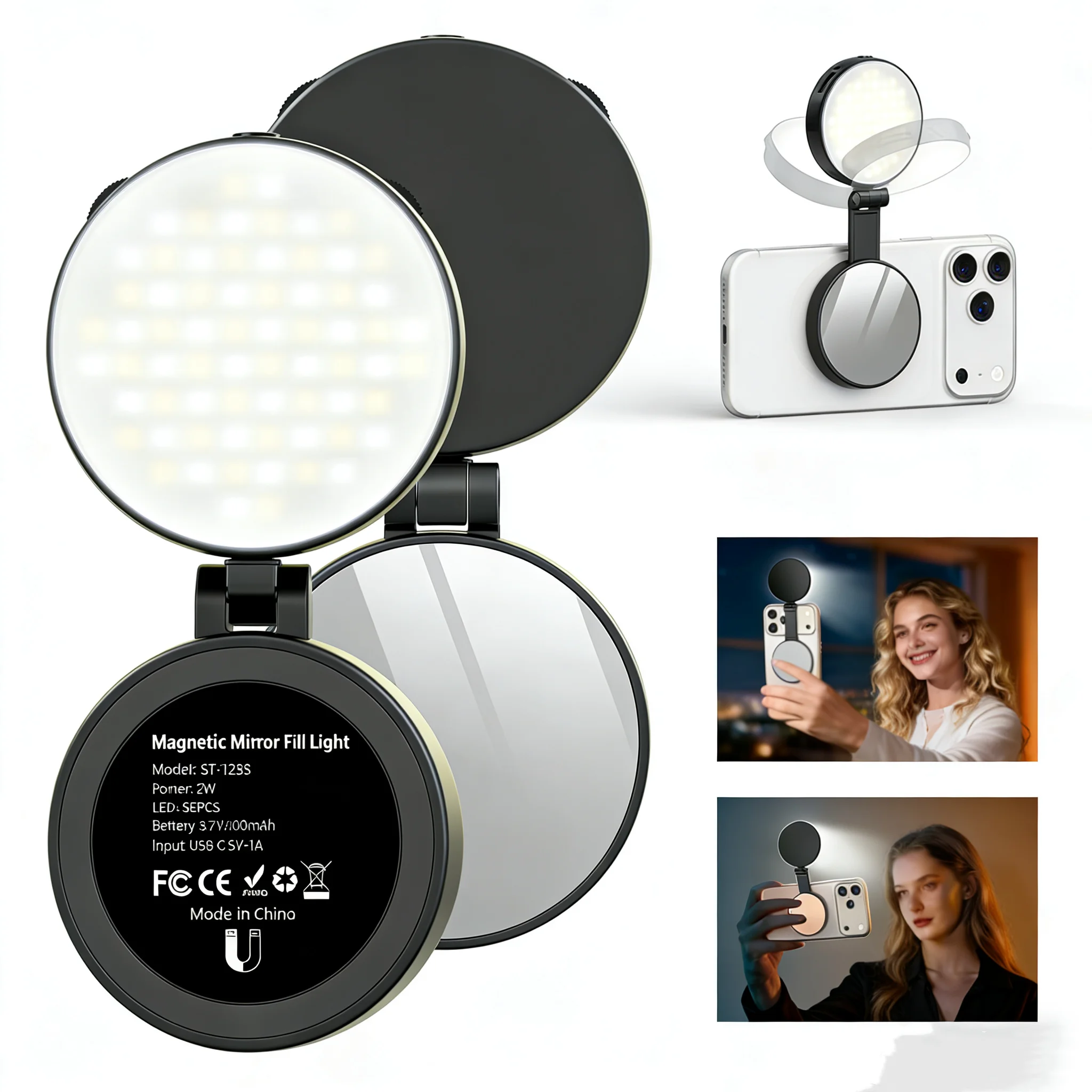 Magnetic 3-in-1 LED Selfie Light with Mirror & Stand Rechargeable Phone Fill Light Foldable Portable Ring Light for Vlog, Makeup