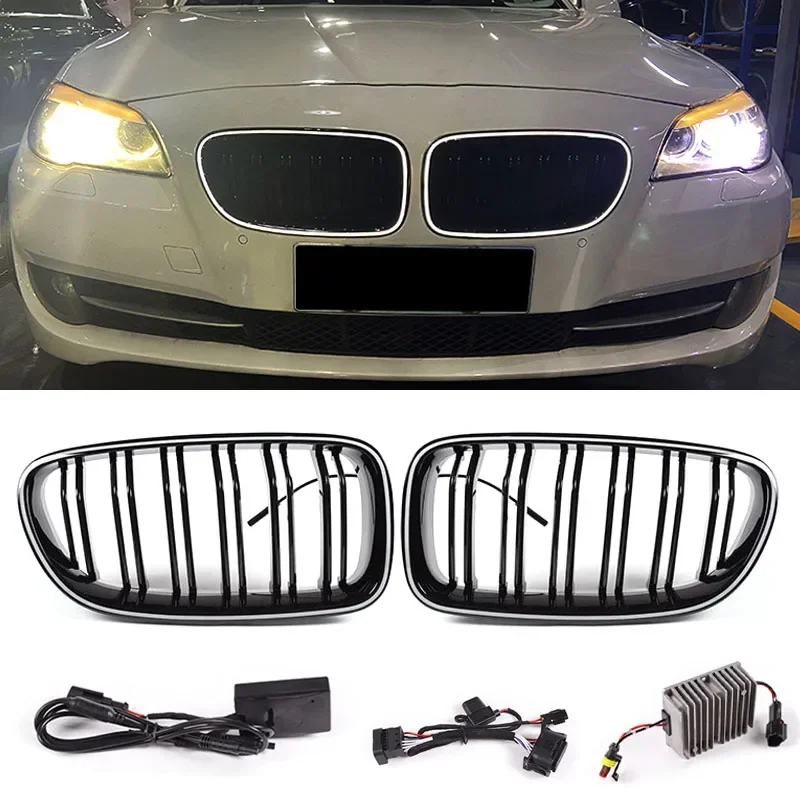 LED Grille Car Gloss Black Kidney Grill Dual Slats Racing Grill For BMW 5 Series F10 F11 F18 520d 530d 540i 10-17 Replacement