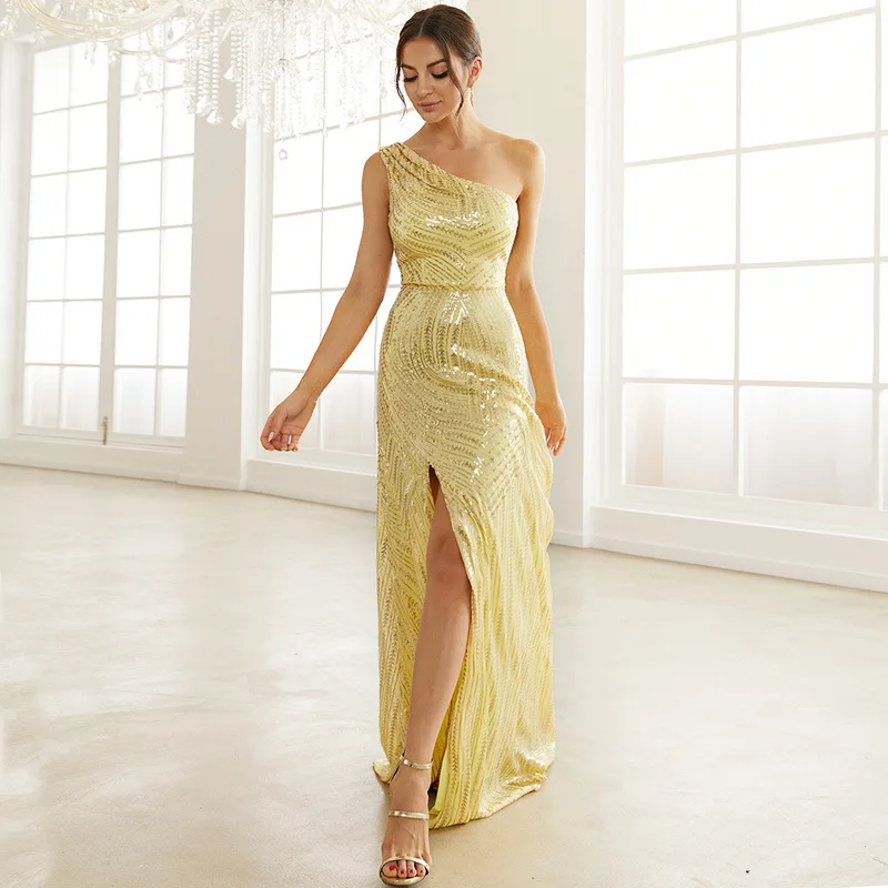 Sexy Elegant Women Summer One shoulder Backless Split dresses Ladies Yellow Sequined Party Evening Cocktail Prom Mermaid dress