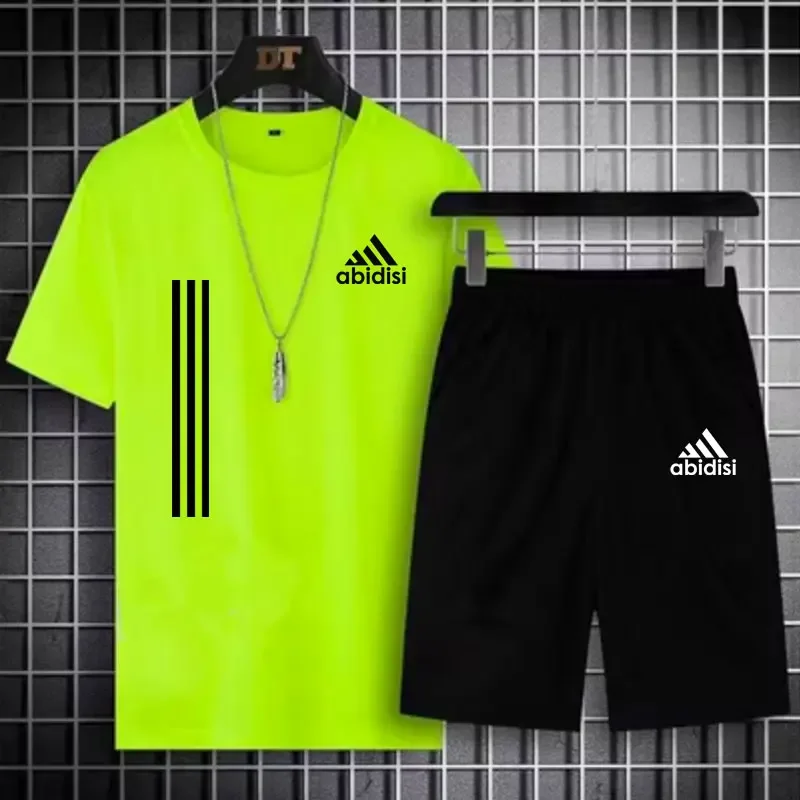 Setelan olahraga pria, baju joging Fitness musim panas nyaman bernapas set lari jala