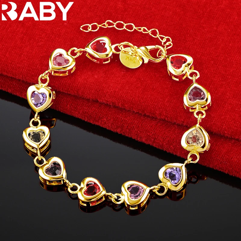 URBABY 18K Gold Rainbow Multicolour Crystal Heart Chain Bracelet For Women Wedding Fashion Charm Jewelry Valentine's Day gift