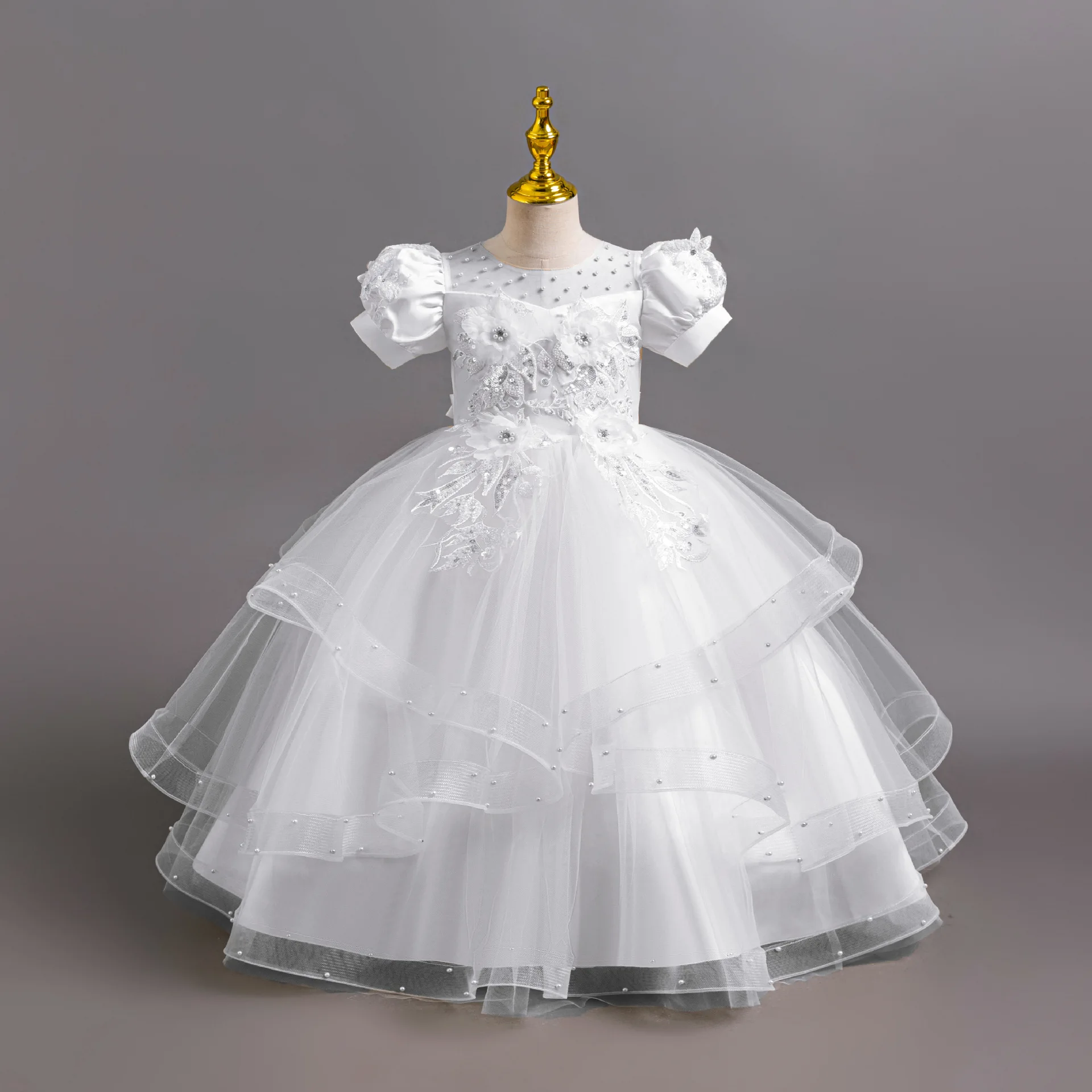 New Girl Kids Stereo floral tulle Lace Birthday Party Dinner Dress Girl puffy Sleeve New Christmas Party Princess dress image 5