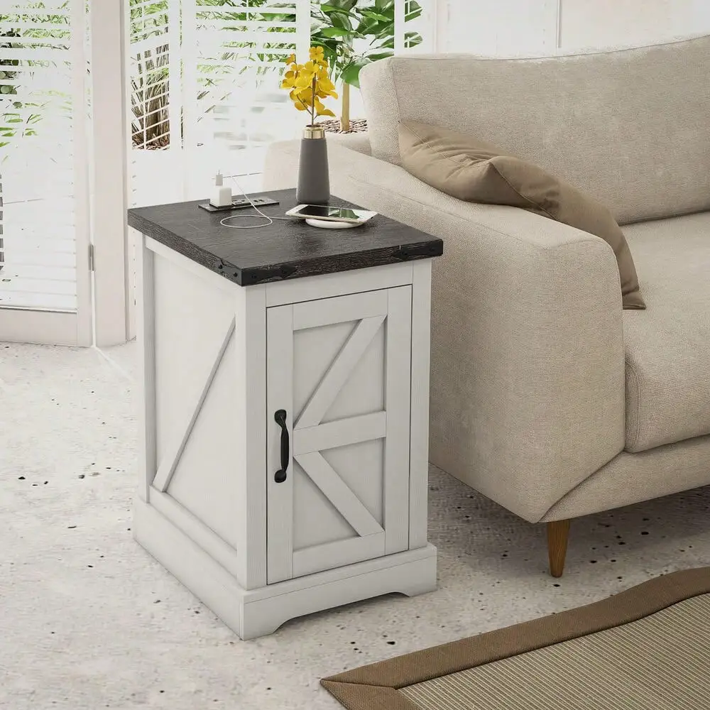 End Table with Charging Station and USB Ports Distressed White