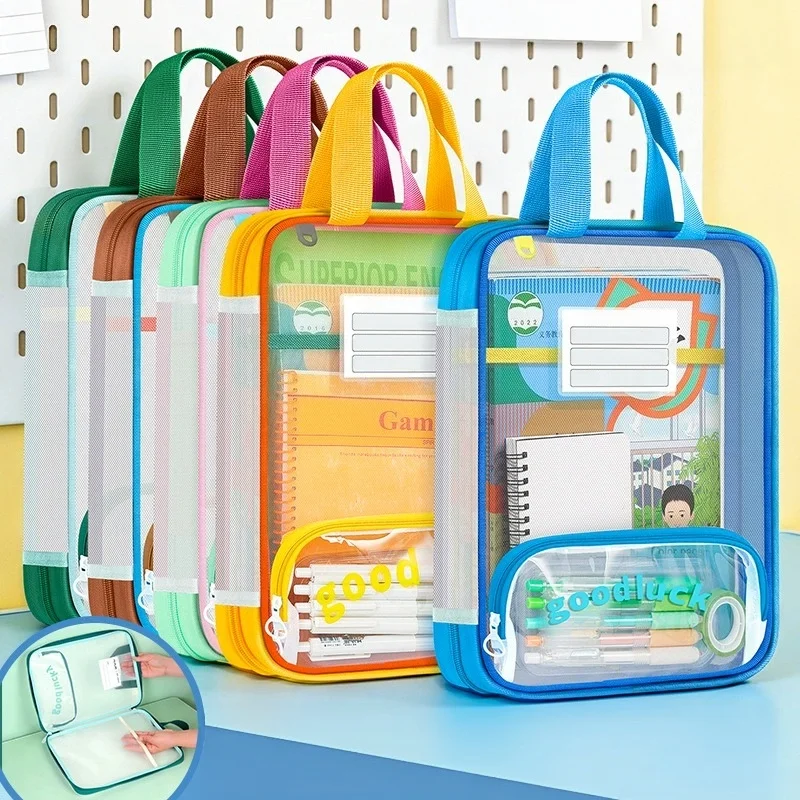 A4 Mesh File Organizer with Handle Large Opening Subject Classification Storage Bag for Students School Exam Paper Documents**