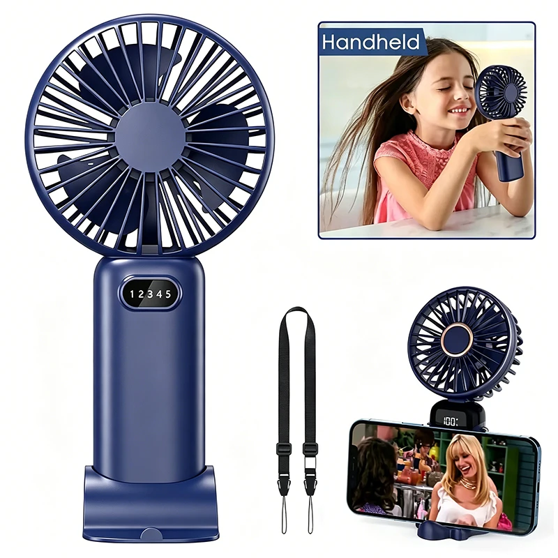 Portable Mini Desk Fan w/5-Speed Adjustment,Battery Level Display,Type-C Charging,Mobile Phone Holder ,Ideal for Office,Outdoor