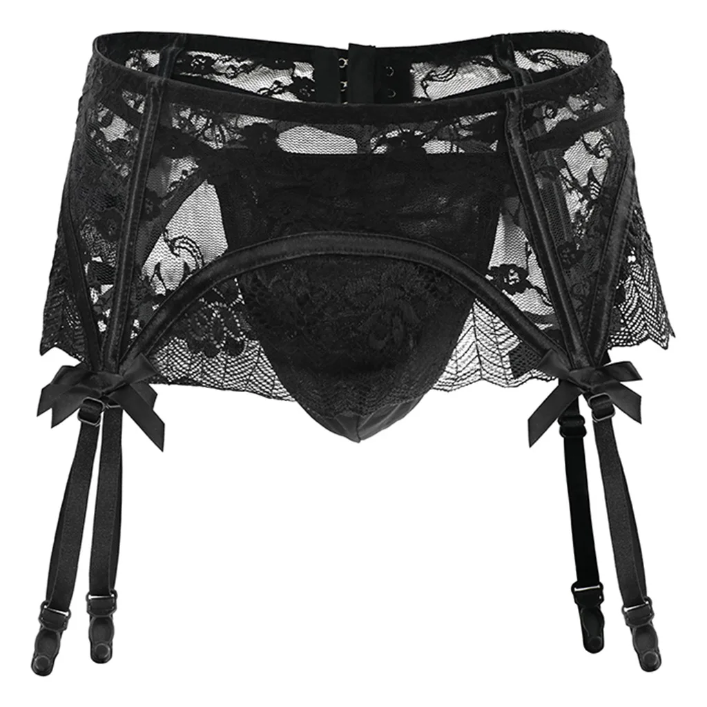Men's Erotic Stitching Belt Garter Panties Suspender Black Floral Lace Mesh Transparent 2piece Crossdressing Underwear for Sissy