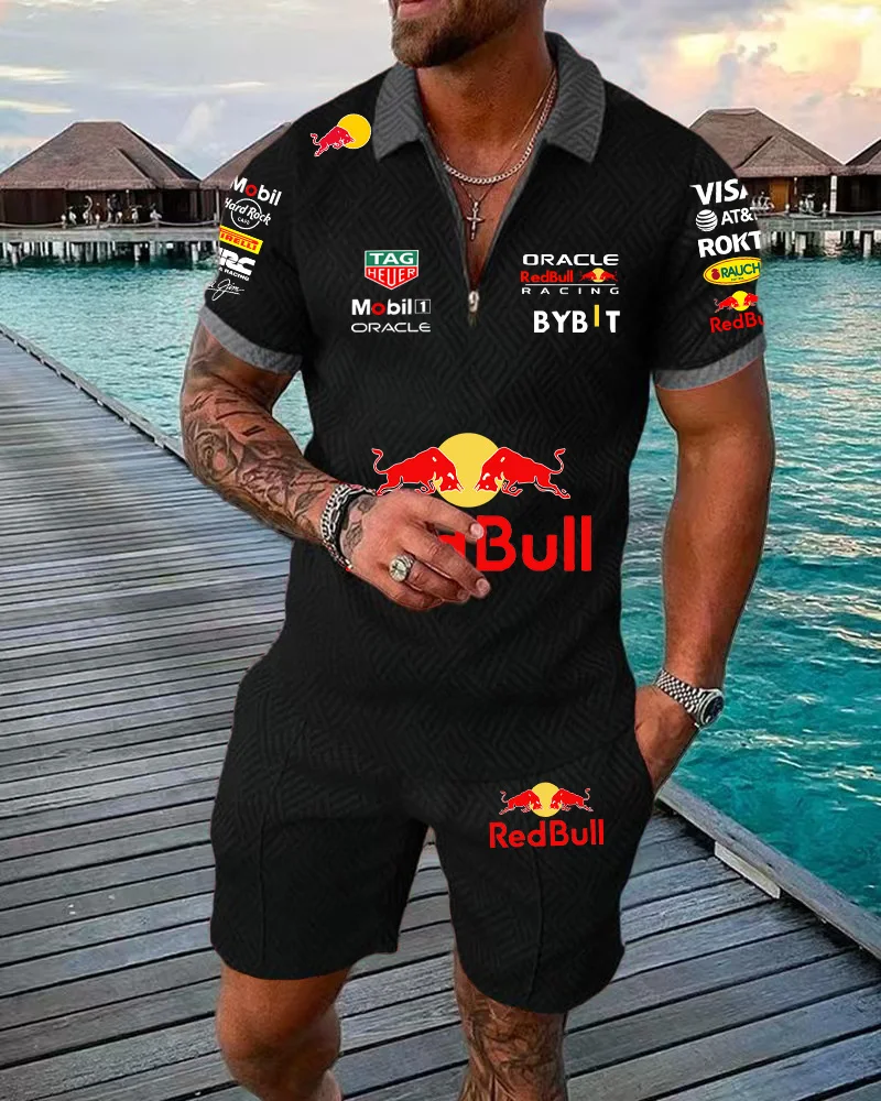 Casual style polo set, Red Bull team uniform, zippered POLO shirt + shorts, comfortable and fashionable set, street style cool