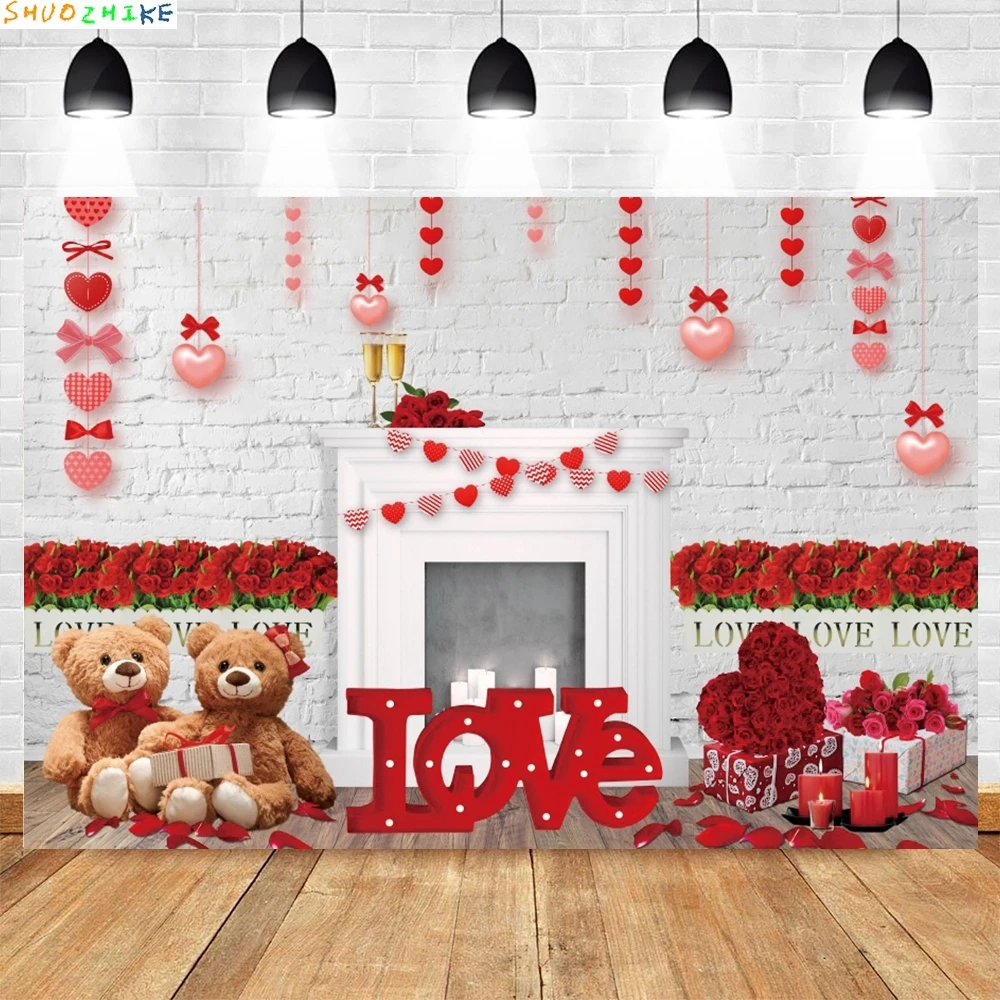 عيد الحب التصوير خلفية الطوب جدار الهدايا لعبة الدب الأحمر الحب القلب زهرة الورد اقتراح صورة خلفية استوديو الصور