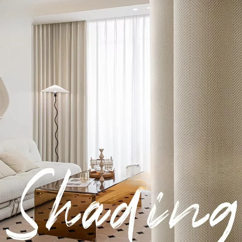 Luxury Cream Style Thickened Herringbone Chenille Blackout Sun Protection and Soundproof Curtains for Living Room Bedroom Dining