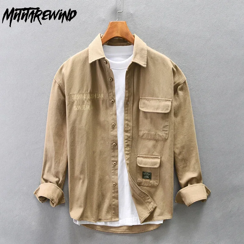 

Осень-зима, мужские рубашки с длинным рукавом, японская повседневная рабочая одежда, свободная рубашка из чистого хлопка, рубашка цвета хаки, молодежная модная мужская одежда