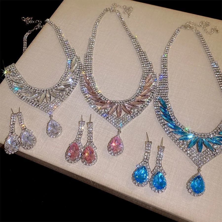 Waterdrop Crystal Rhinestone Jewelry Set V Shape Choker Necklace Drop Earring Teardrop Elegant Bridal Wedding Party Jewelry