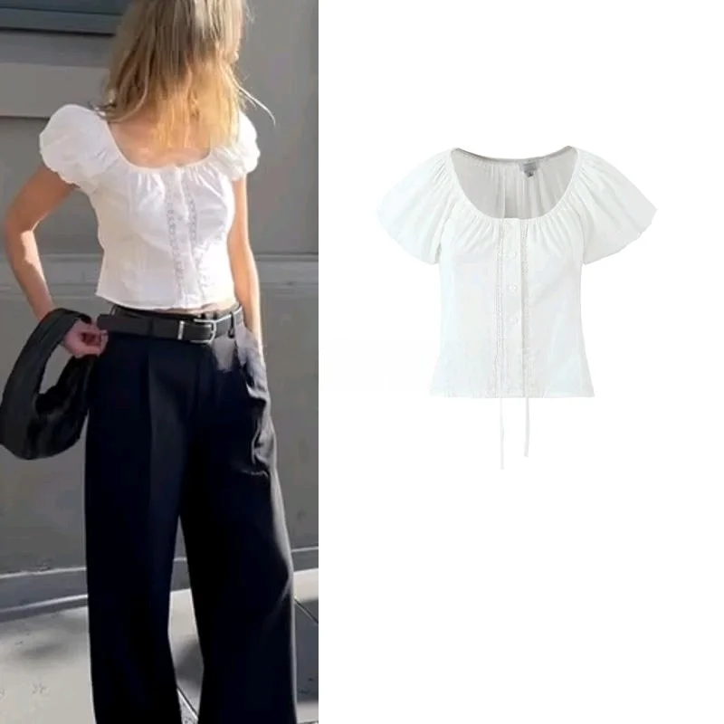 เสื้อผู้หญิงคอลเลคชั่นฤดูใบไม้ผลิใหม่ล่าสุด แต่งลูกไม้ แขนตุ๊กตา คอกลมต่ำ สไตล์ลำลอง ผ้าโพลีเอสเตอร์ 00%