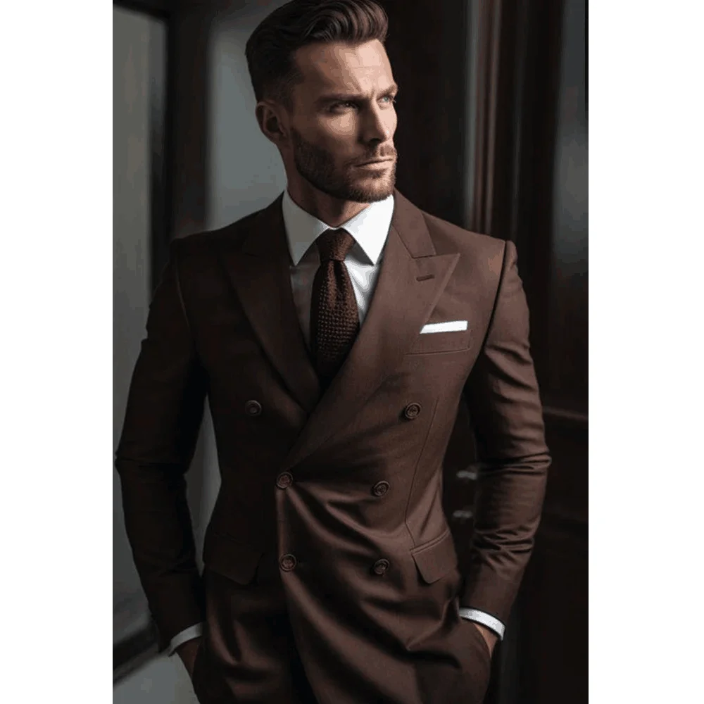 New Style Coffee Wedding Suits Groom Tuxedos Business Men Suits Perak Lapel Double-Breasted Jacket Prom Dinner Blazer Pants